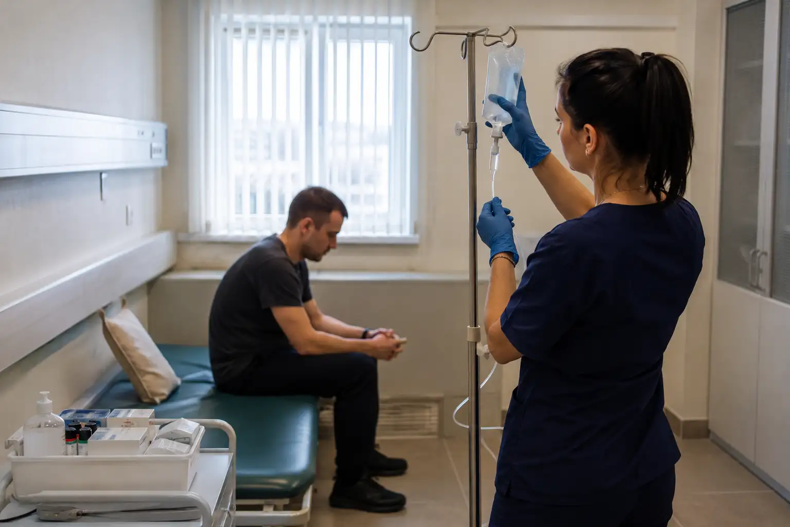 Медсестра готовит пациента к принудительному лечению алкоголизма